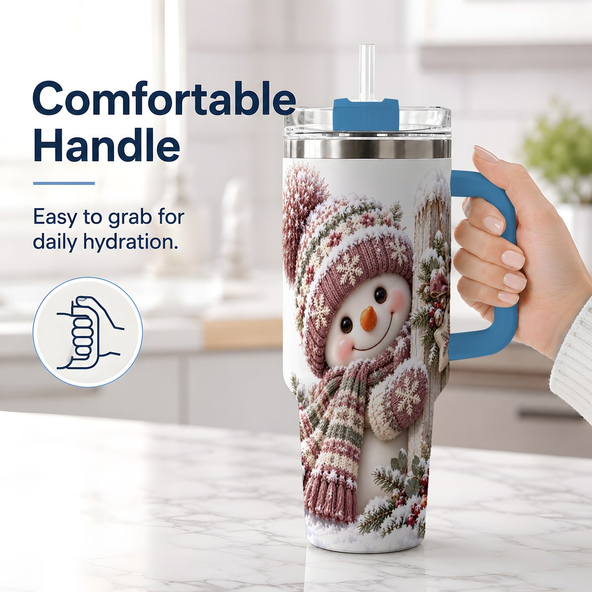 #pl[40oz|Blue] Christmas Snowman Tumbler 40oz, Snowy Fence Art