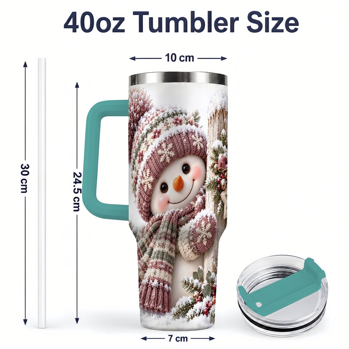 #pl[40oz|Green] Christmas Snowman Tumbler 40oz, Snowy Fence Art