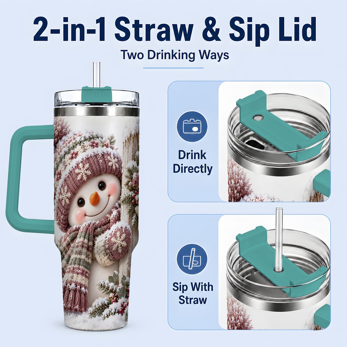 #pl[40oz|Green] Christmas Snowman Tumbler 40oz, Snowy Fence Art