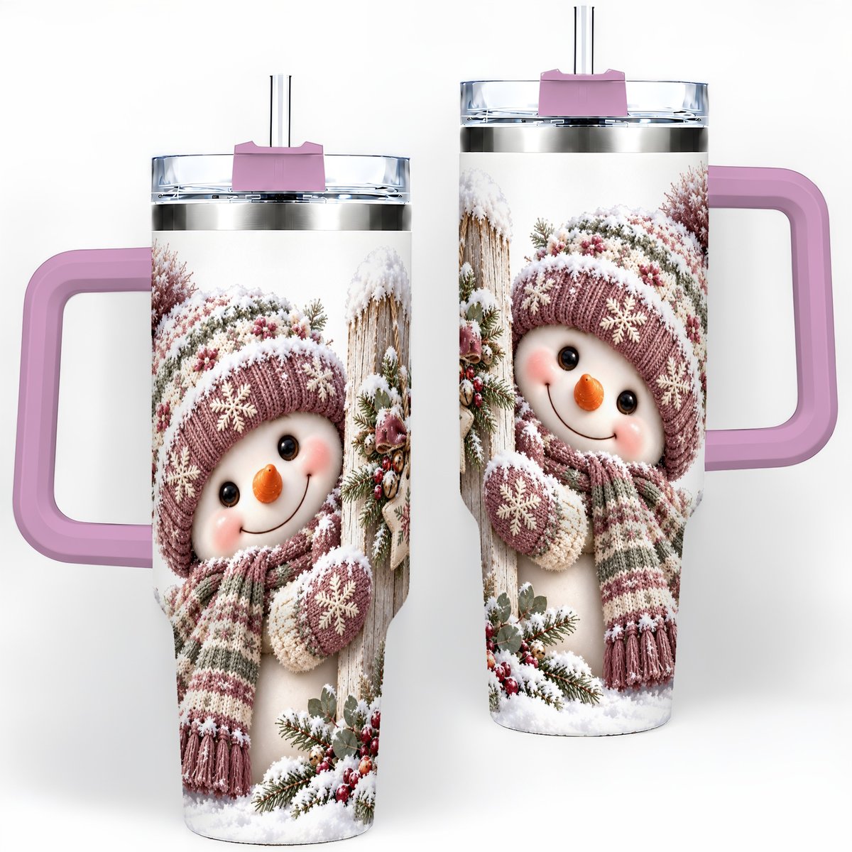 #pl[40oz|Pink] Christmas Snowman Tumbler 40oz, Snowy Fence Art