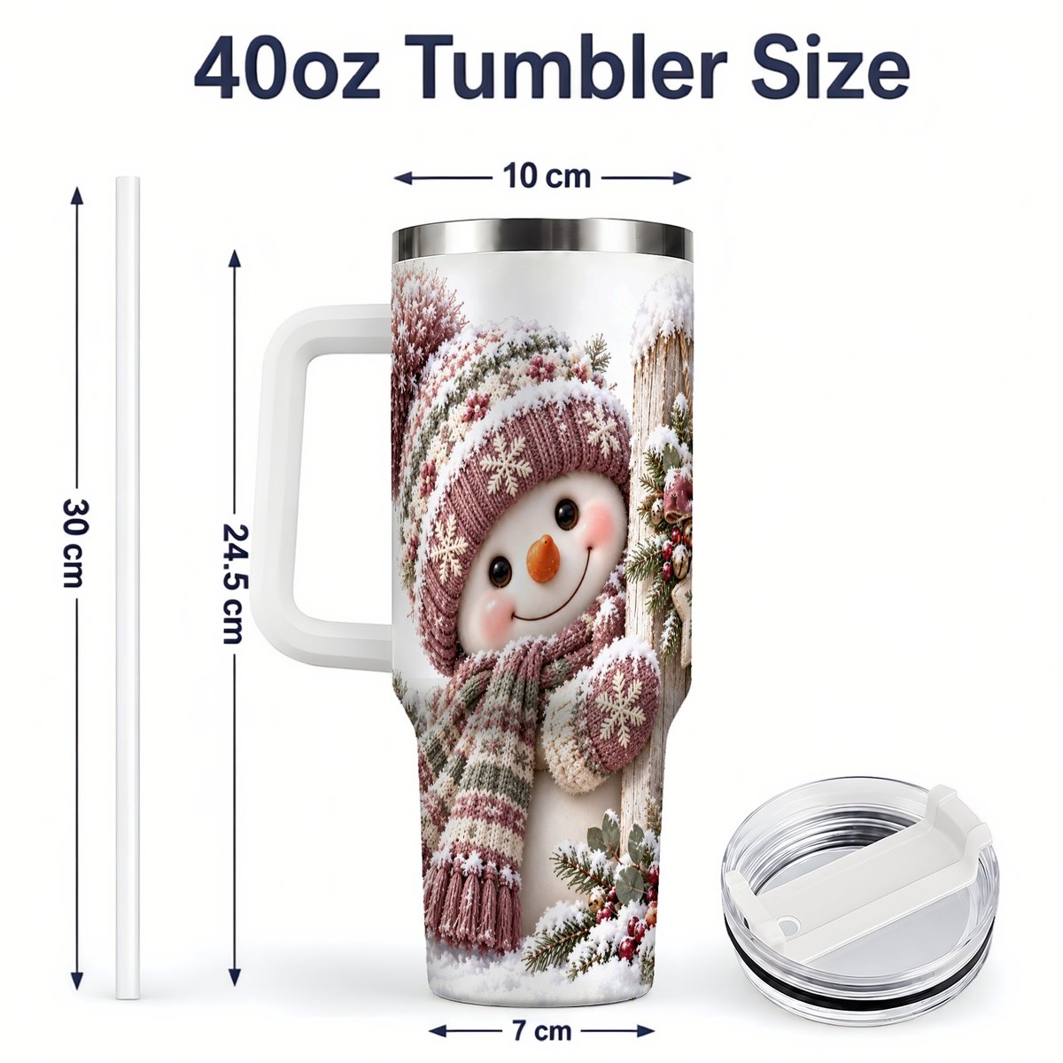 #pl[40oz|White] Christmas Snowman Tumbler 40oz, Snowy Fence Art