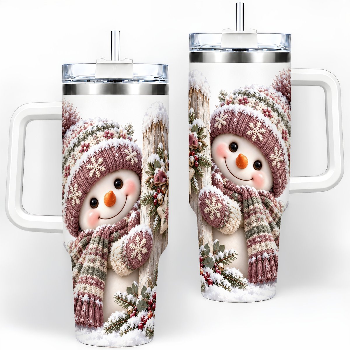 Christmas Snowman Tumbler 40oz, Snowy Fence Art