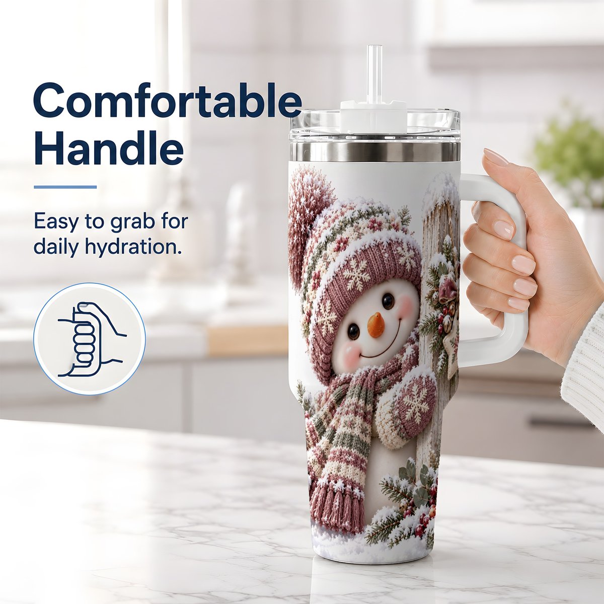 #pl[40oz|White] Christmas Snowman Tumbler 40oz, Snowy Fence Art