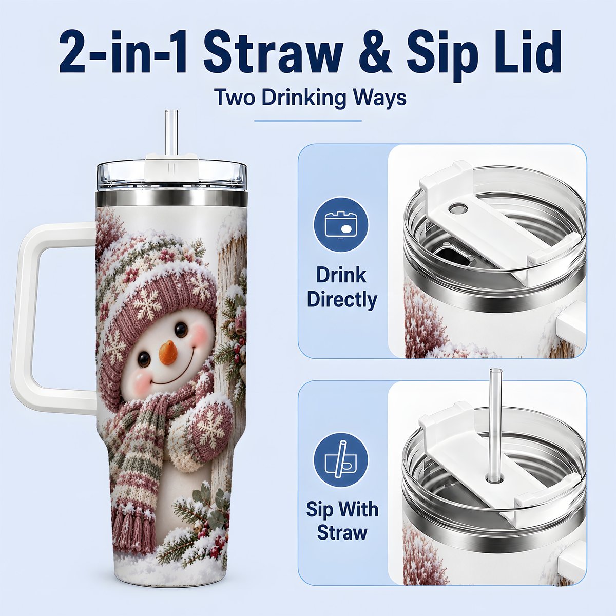 #pl[40oz|White] Christmas Snowman Tumbler 40oz, Snowy Fence Art