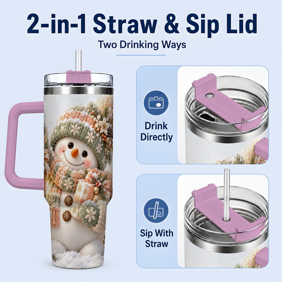#pl[40oz|Pink] Christmas Snowman Tumbler 40oz, Pastel Lantern Art
