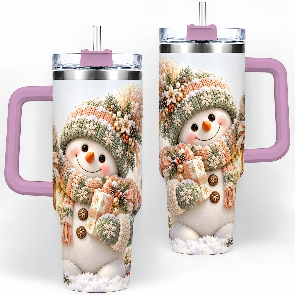 #pl[40oz|Pink] Christmas Snowman Tumbler 40oz, Pastel Lantern Art
