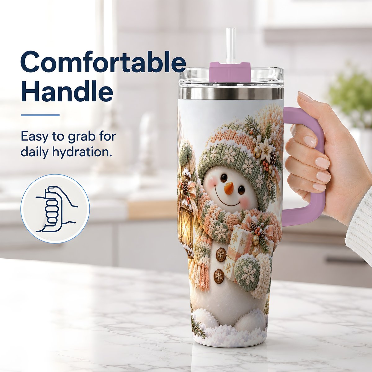 #pl[40oz|Pink] Christmas Snowman Tumbler 40oz, Pastel Lantern Art