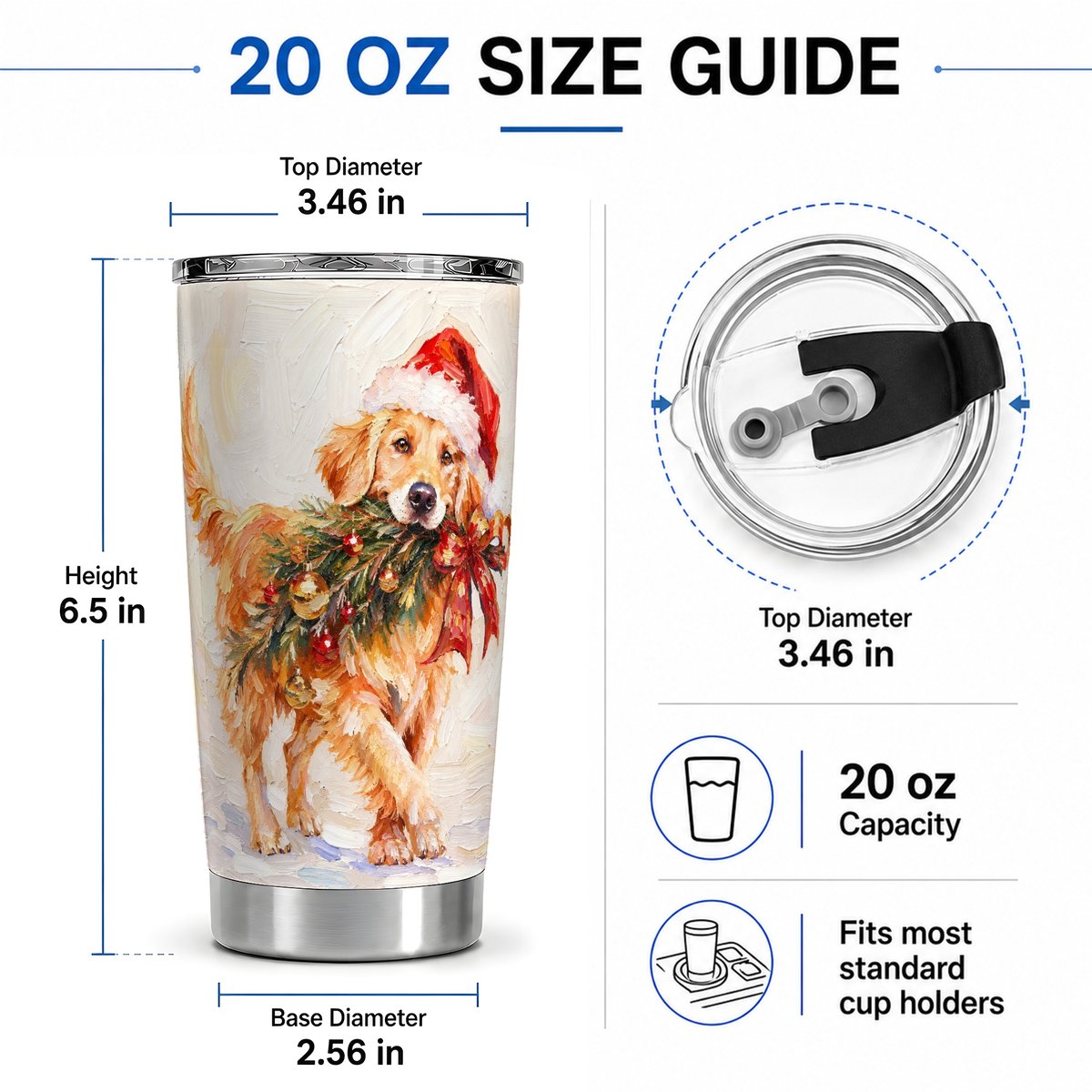 #pl[20oz|Steel] Christmas Golden Retriever Tumbler 20oz, Oil Painting Style