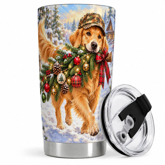 Winter Golden Retriever Tumbler 20oz, Camo Cap Artwork