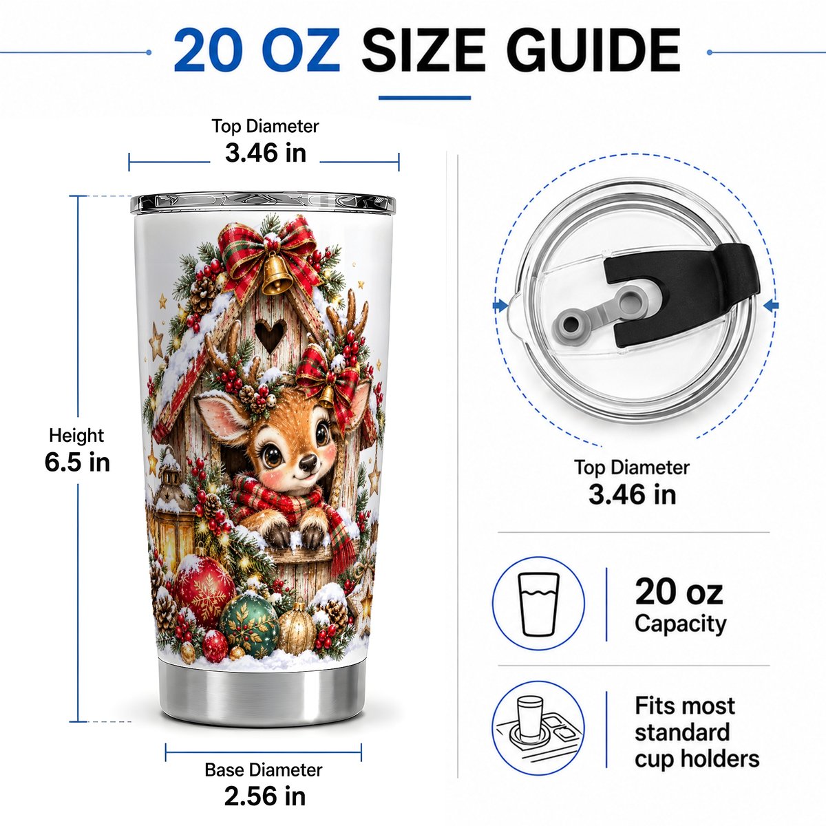 #pl[20oz|Steel] Christmas Fawn Tumbler 20oz, Snowy Birdhouse Scene