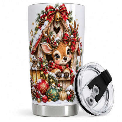 Christmas Fawn Tumbler 20oz, Snowy Birdhouse Scene