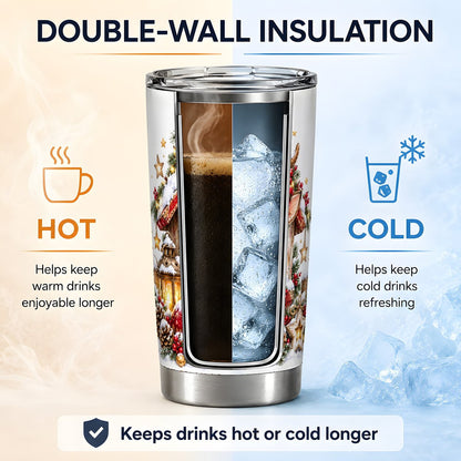 Christmas Fawn Tumbler 20oz, Snowy Birdhouse Scene