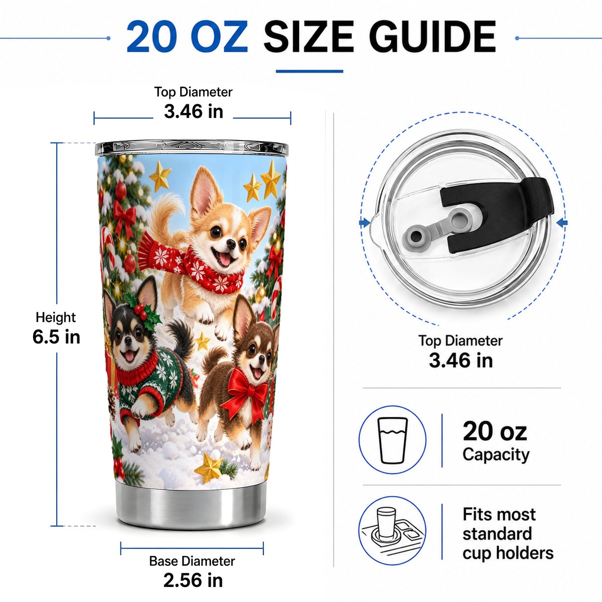 #pl[20oz|Steel] Christmas Chihuahua Puppies Tumbler 20oz, Snowy Play