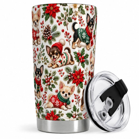 Christmas Chihuahua Pattern Tumbler 20oz, Floral Art