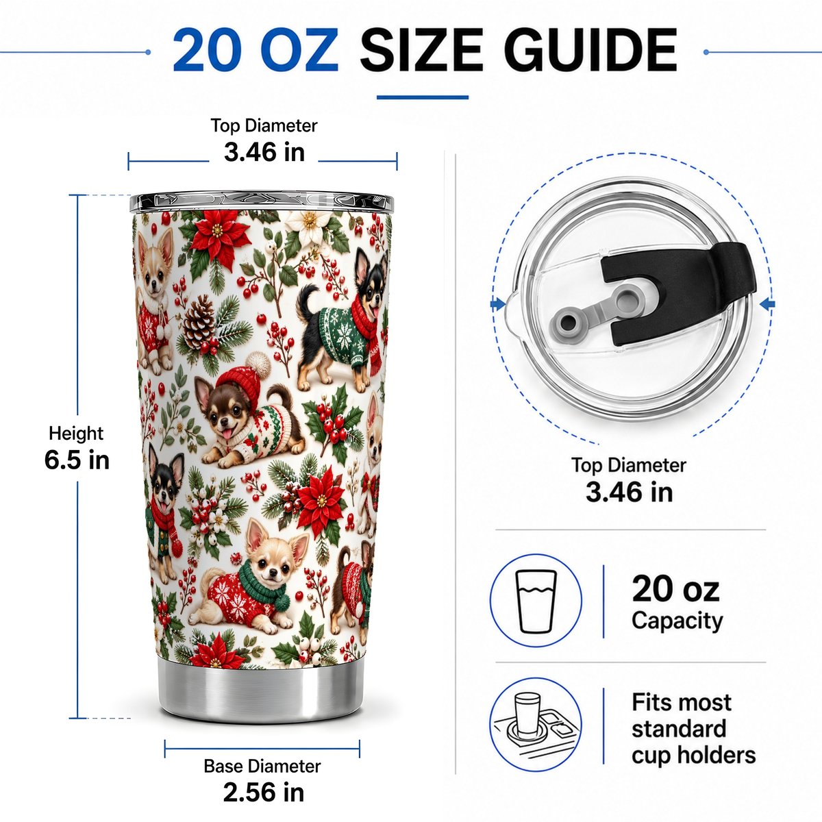 #pl[20oz|Steel] Christmas Chihuahua Pattern Tumbler 20oz, Floral Art