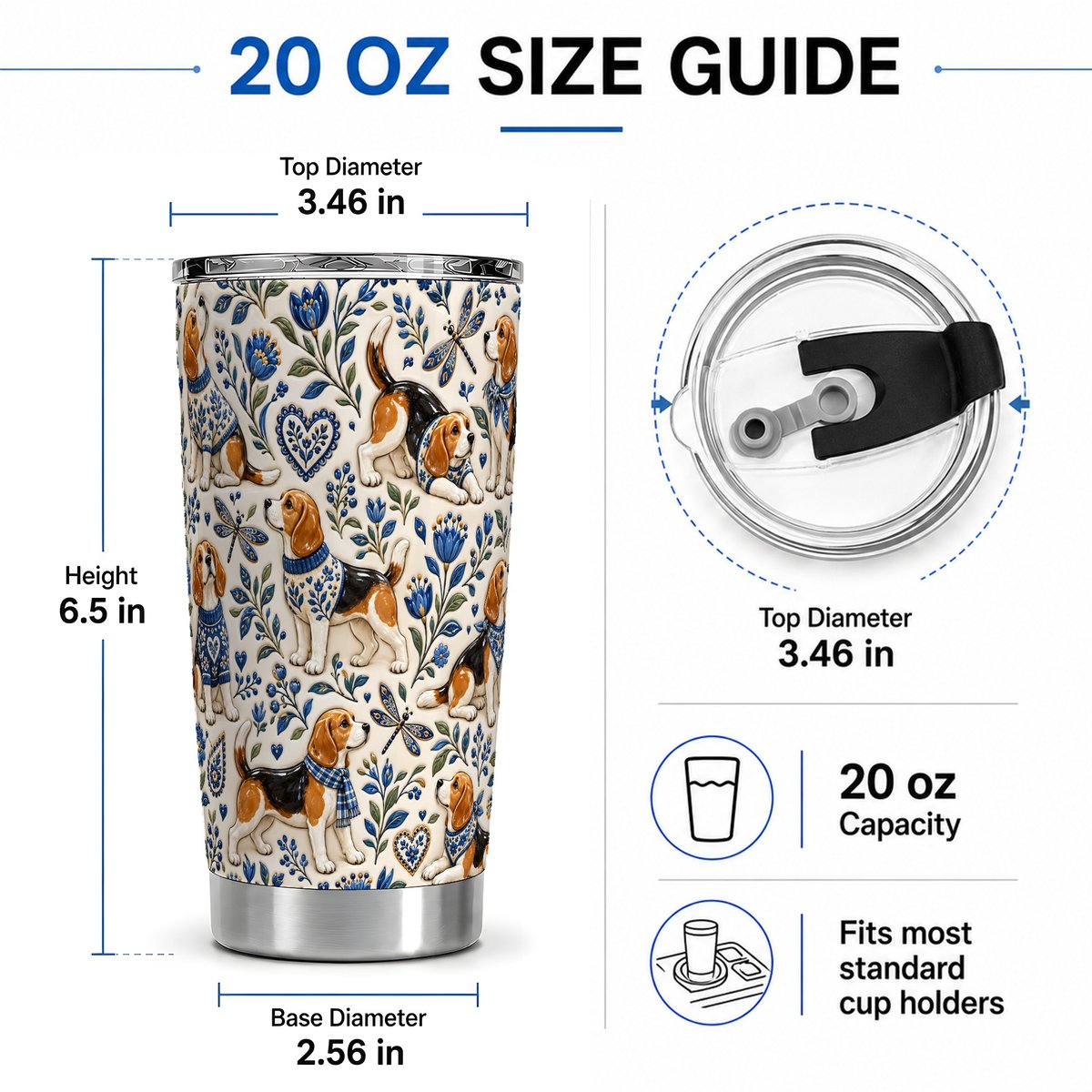 #pl[20oz|Steel] Beagle Floral Pattern Tumbler 20oz, Blue Botanical Artwork