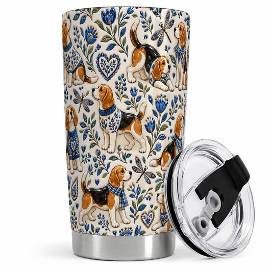 Beagle Floral Pattern Tumbler 20oz, Blue Botanical Artwork