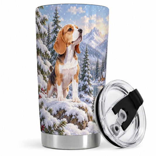 Winter Beagle Tumbler 20oz, Snowy Mountain Landscape
