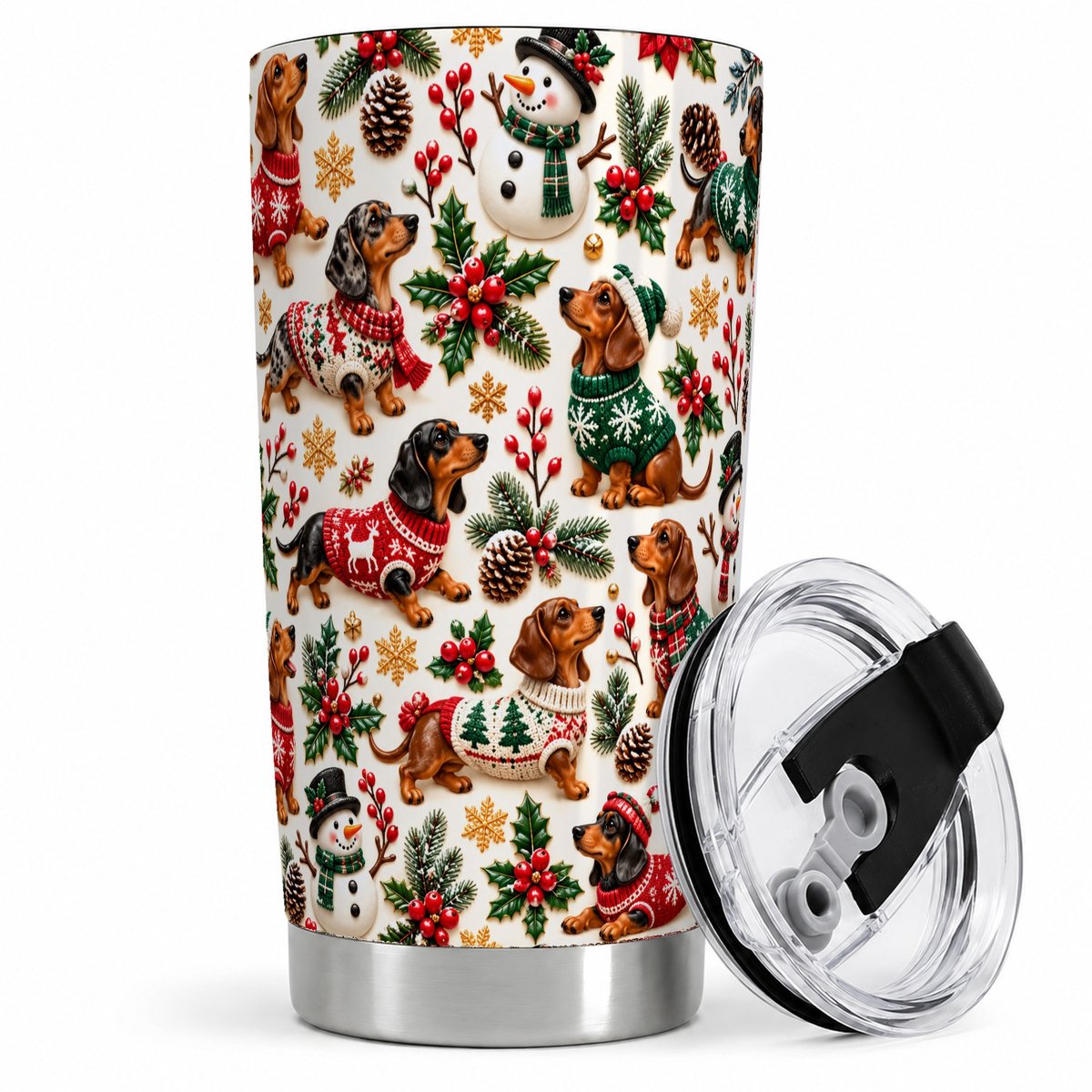 Christmas Dachshund Tumbler 20oz, Festive Sweater Pattern