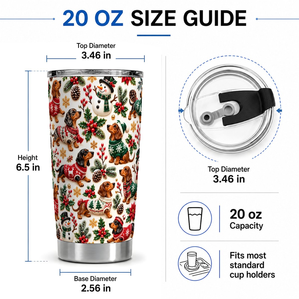 #pl[20oz|Steel] Christmas Dachshund Tumbler 20oz, Festive Sweater Pattern