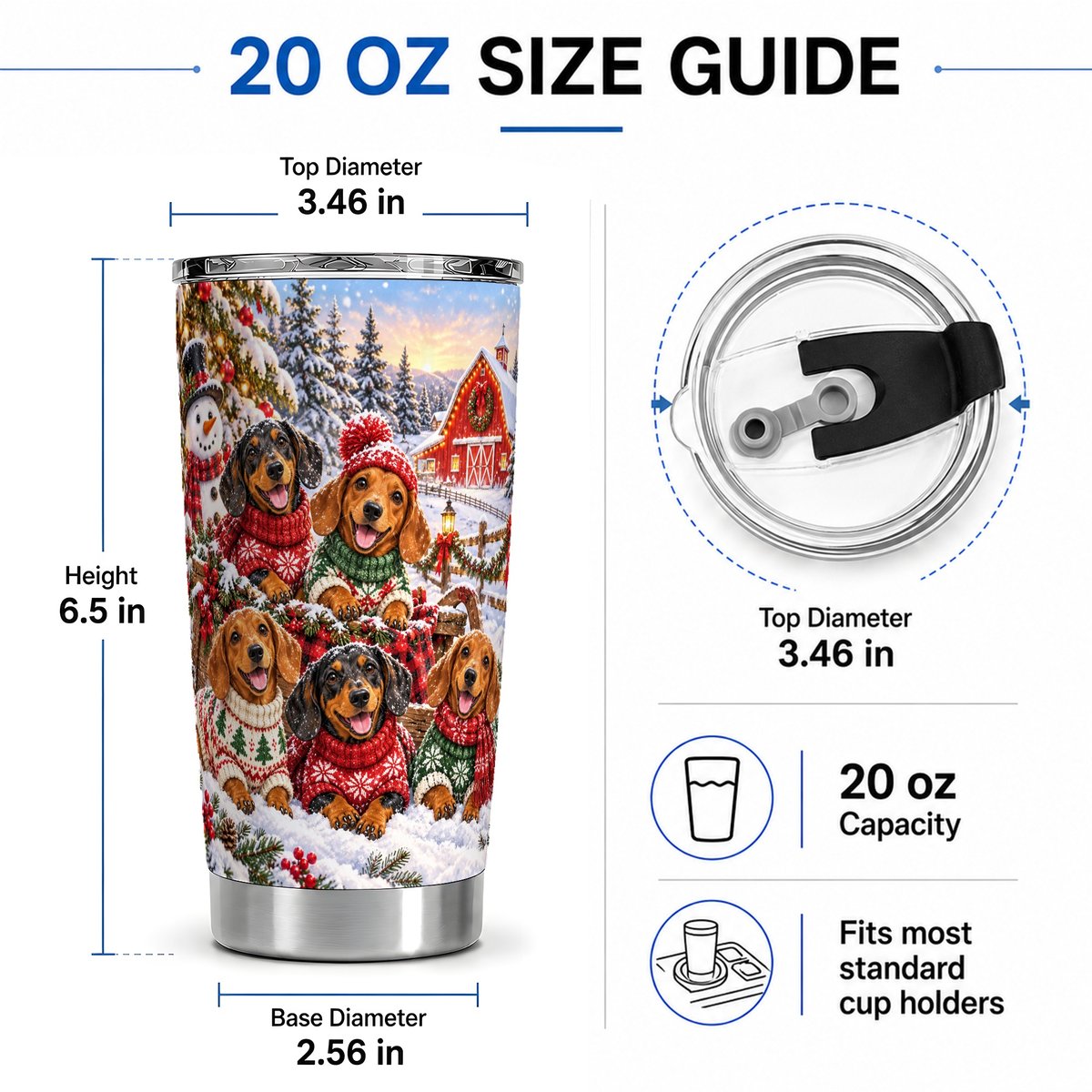 #pl[20oz|Steel] Christmas Dachshund Tumbler 20oz, Snowy Barn Artwork