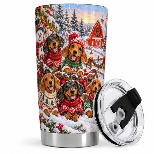 Christmas Dachshund Tumbler 20oz, Snowy Barn Artwork