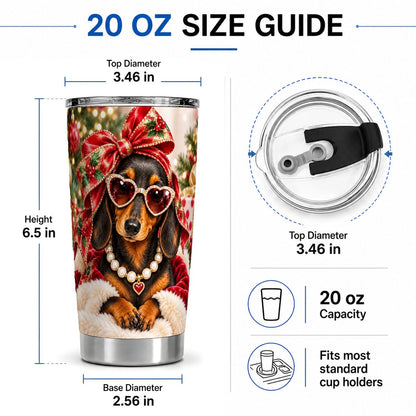 #pl[20oz|Steel] Christmas Dachshund Tumbler 20oz, Heart Sunglasses Design