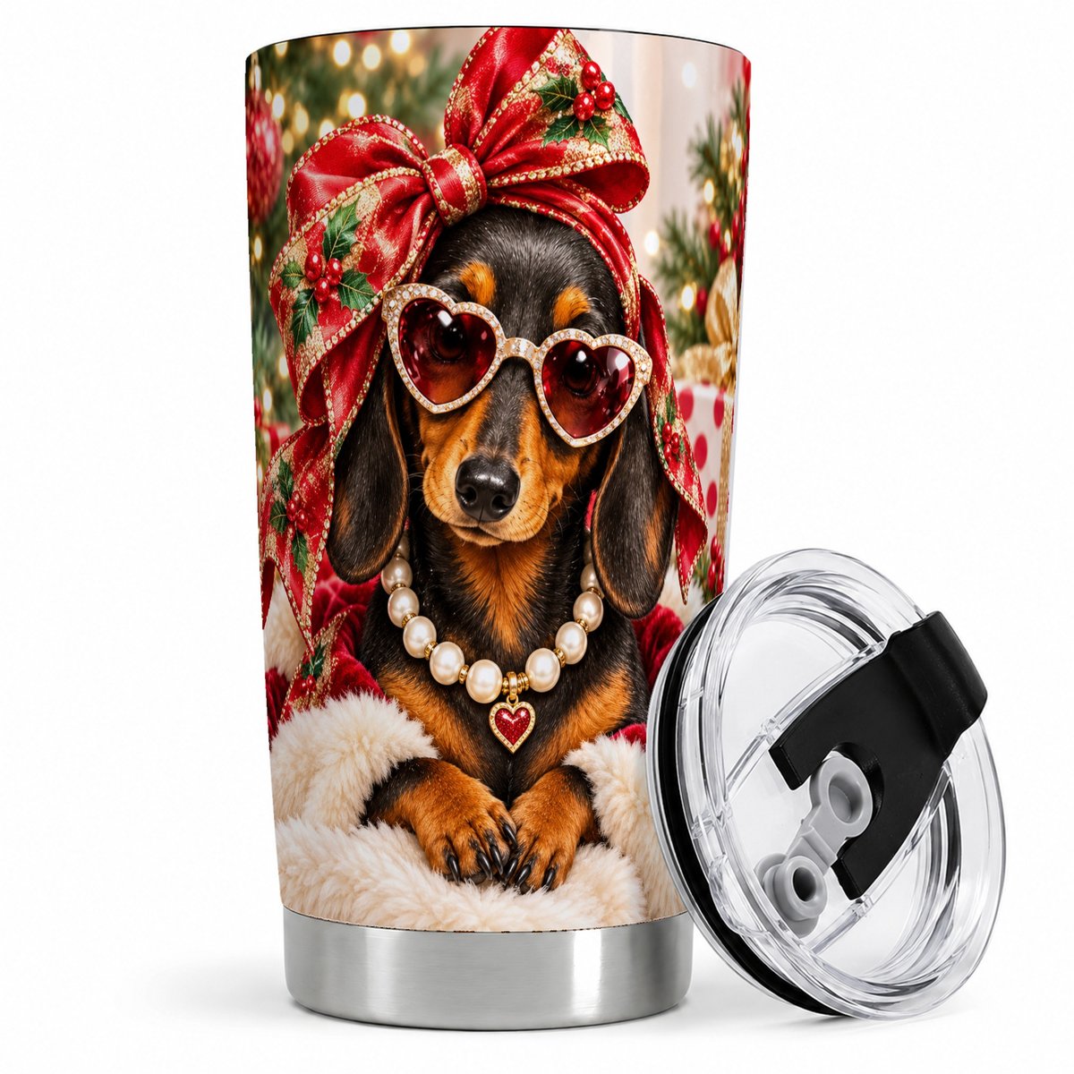 Christmas Dachshund Tumbler 20oz, Heart Sunglasses Design