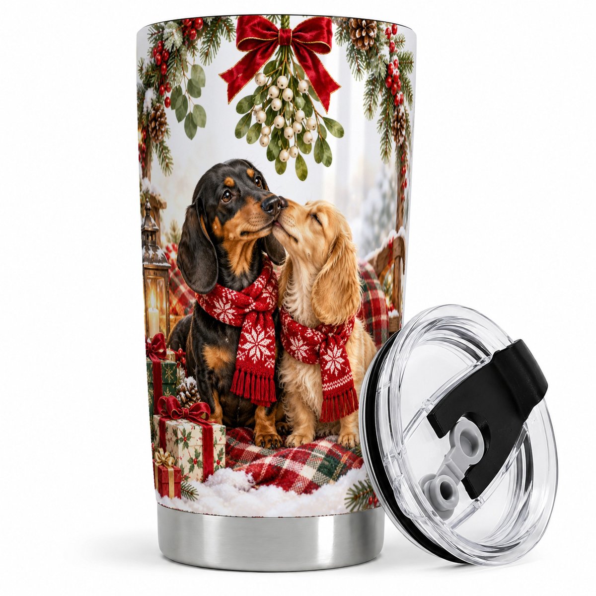 Christmas Dog Couple Tumbler 20oz, Mistletoe Artwork
