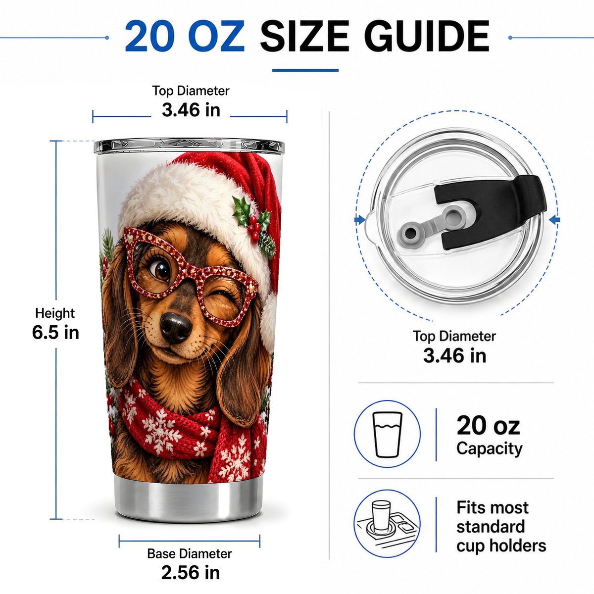 #pl[20oz|Steel] Christmas Dachshund Tumbler 20oz, Festive Glasses Art