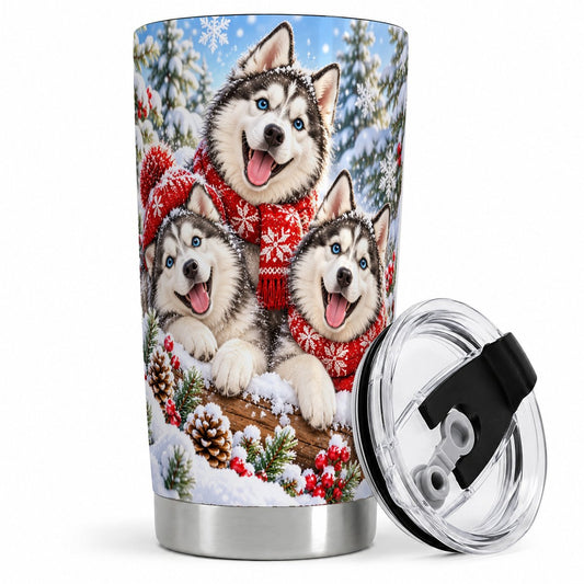 Winter Husky Trio Tumbler 20oz, Snowy Forest Artwork