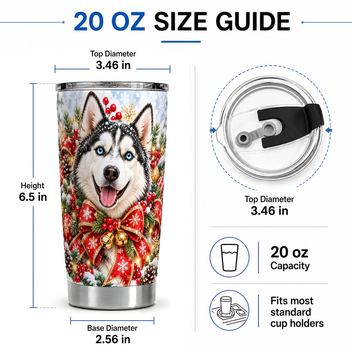 #pl[20oz|Steel] Christmas Husky Tumbler 20oz, Red Bow Artwork