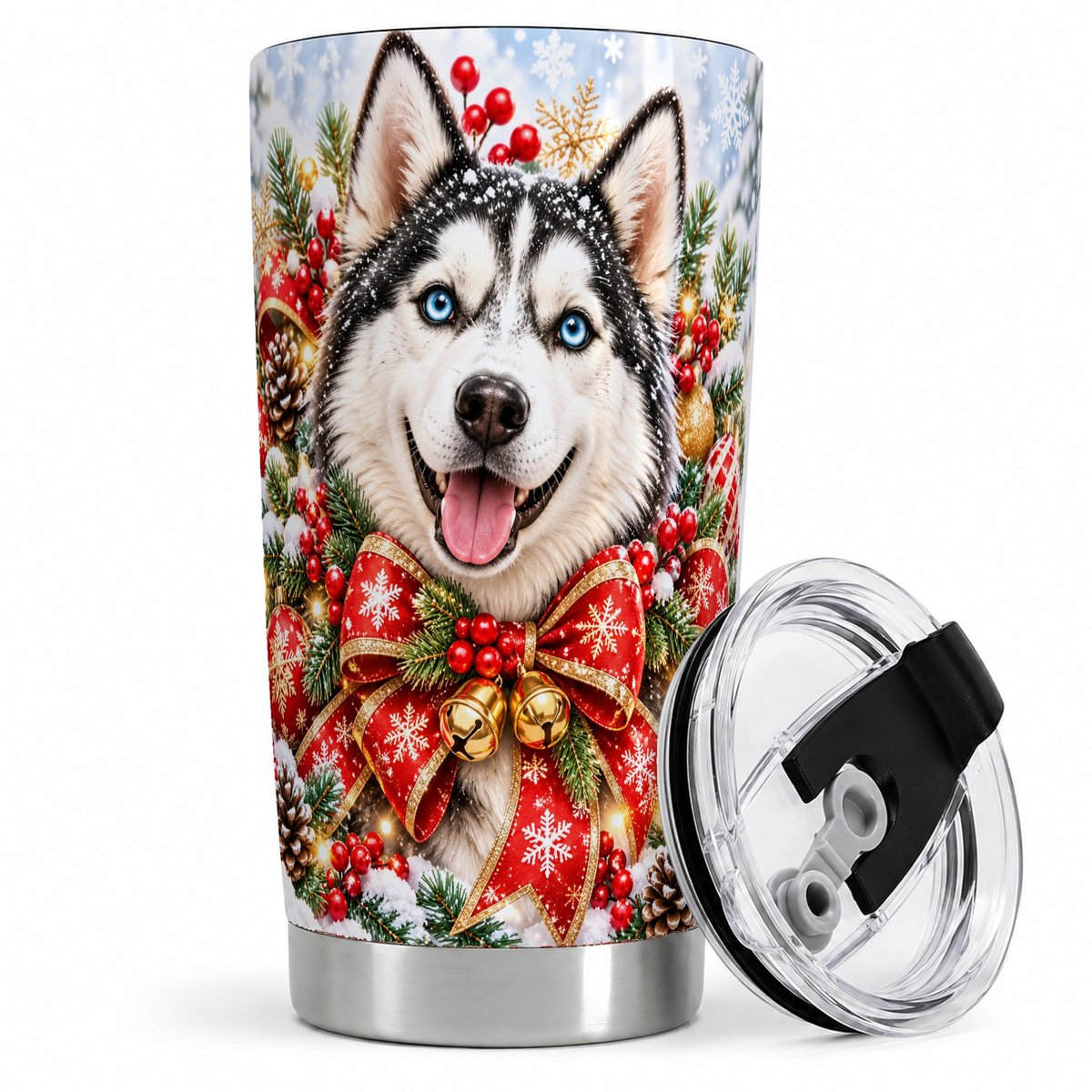 Christmas Husky Tumbler 20oz, Red Bow Artwork