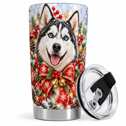 Christmas Husky Tumbler 20oz, Red Bow Artwork