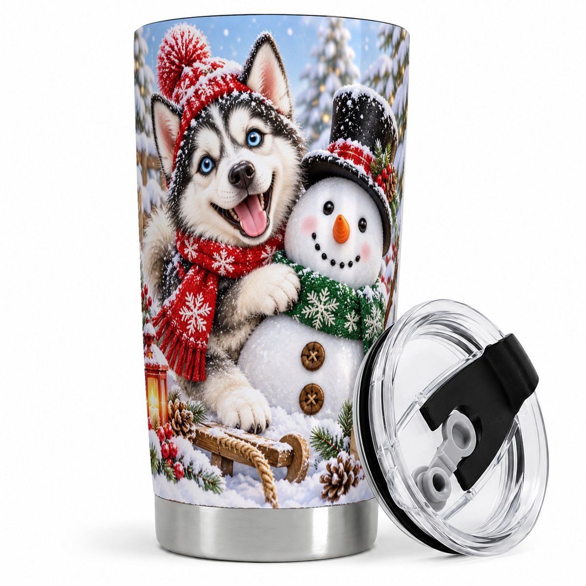 Christmas Husky and Snowman Tumbler 20oz
