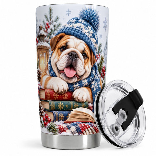 Winter Bulldog Tumbler 20oz, Cozy Reading Artwork