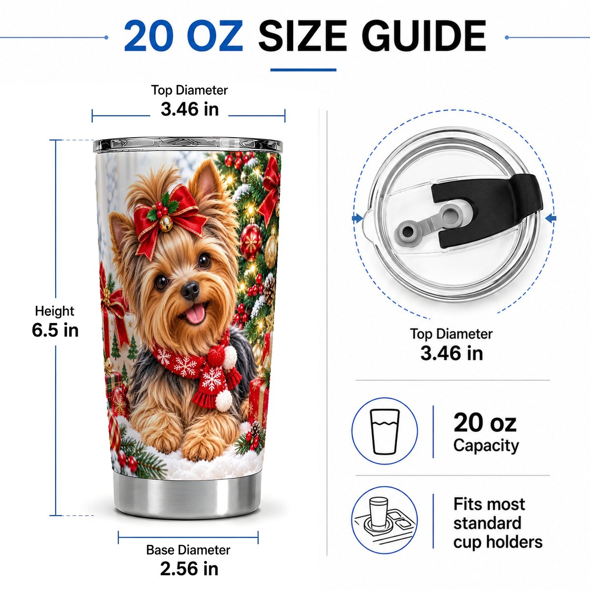 #pl[20oz|Steel] Christmas Yorkie Tumbler 20oz, Red Bow Artwork