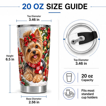 #pl[20oz|Steel] Christmas Yorkie Tumbler 20oz, Red Bow Artwork
