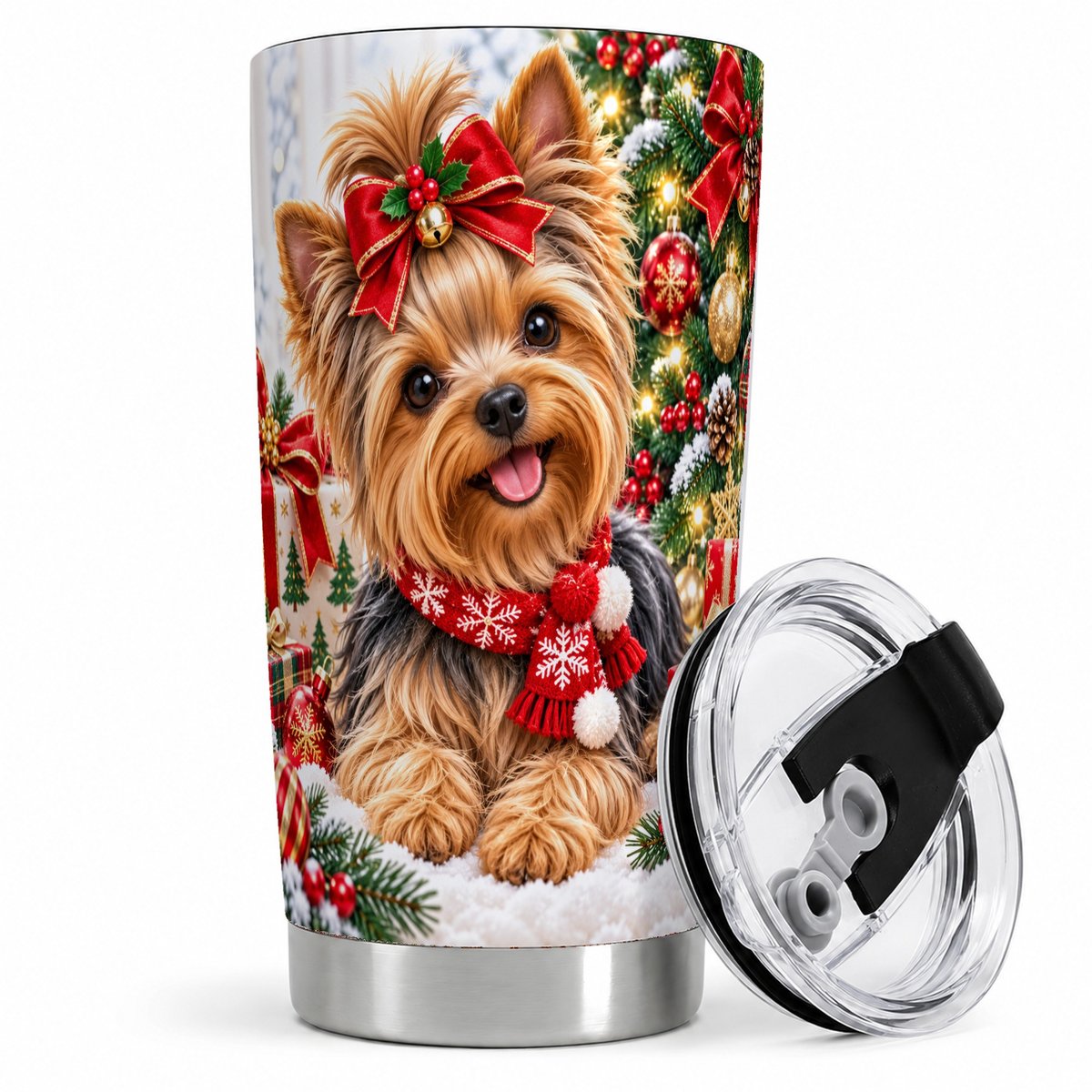 Christmas Yorkie Tumbler 20oz, Red Bow Artwork
