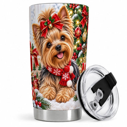 Christmas Yorkie Tumbler 20oz, Red Bow Artwork