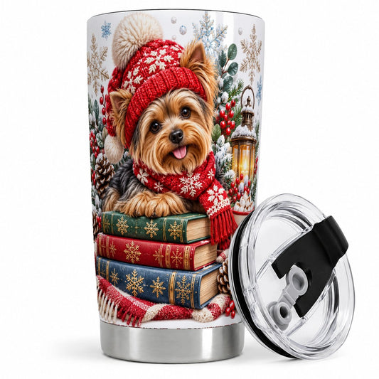 Winter Yorkie Tumbler 20oz, Cozy Reading Artwork