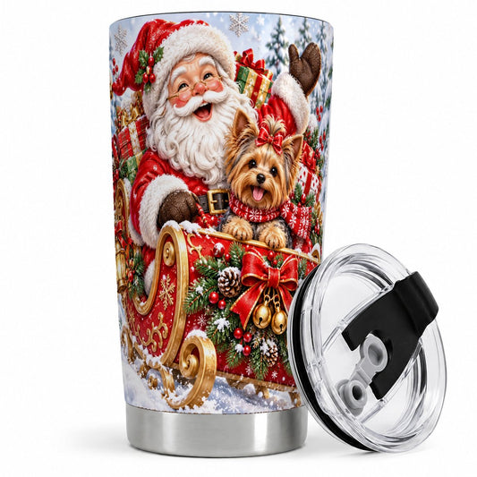 Santa and Christmas Yorkie Tumbler 20oz, Sleigh Scene
