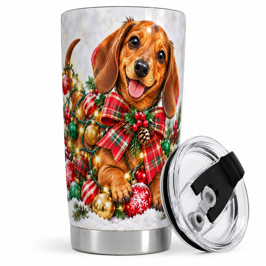 Christmas Dachshund Tumbler 20oz, Plaid Bow Artwork