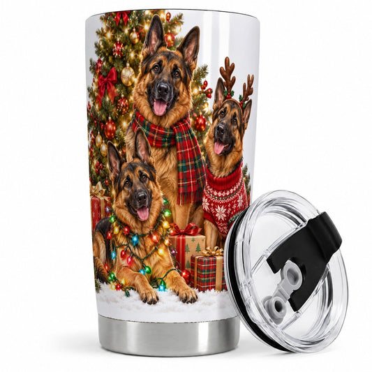 Christmas German Shepherd Trio Tumbler 20oz, Holiday Dog Artwork