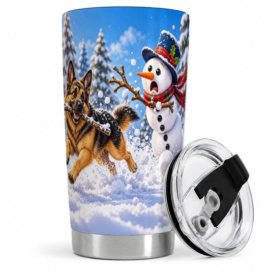 German Shepherd Snowman Tumbler 20oz, Snowy Winter Artwork