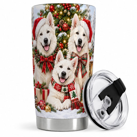 White Shepherd Dog Family Tumbler 20oz, Christmas Tree Scene