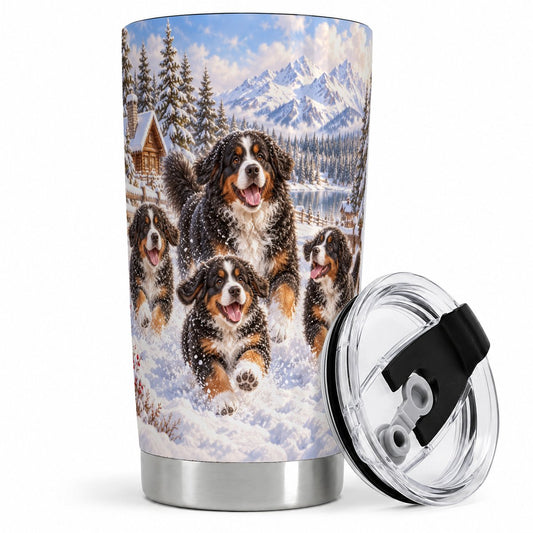 Winter Bernese Mountain Dogs Tumbler 20oz, Alpine Landscape