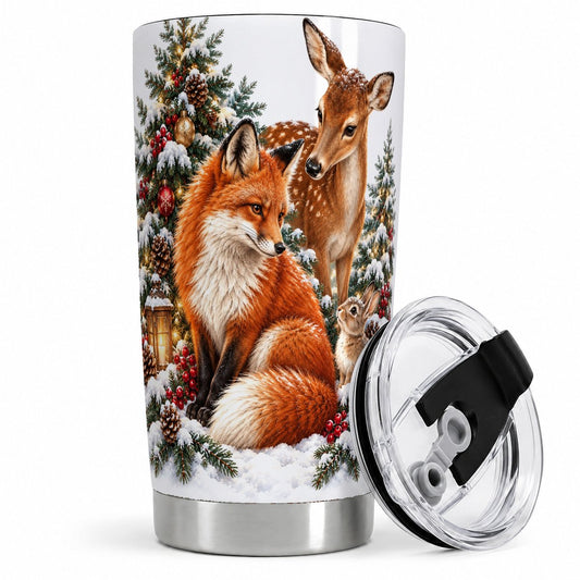 Christmas Woodland Animals Tumbler 20oz, Fox Deer Rabbit