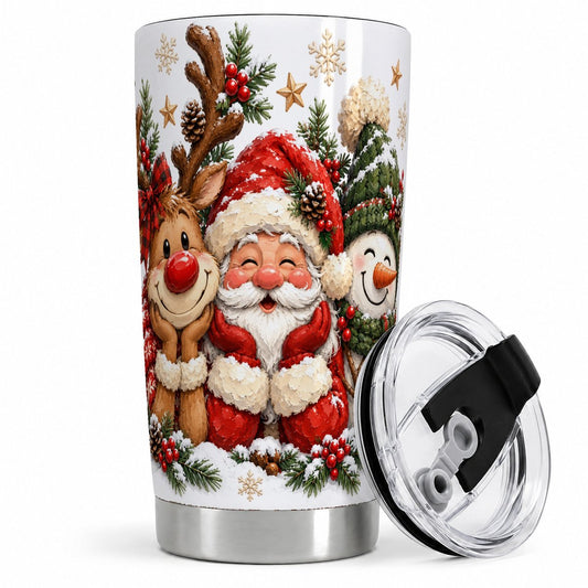 Christmas Reindeer Santa Snowman Tumbler 20oz, Festive Trio