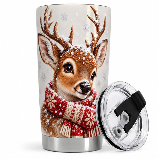 Winter Deer Tumbler 20oz, Red Snowflake Scarf Design